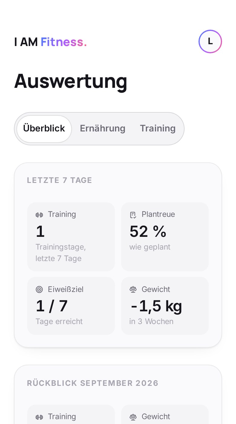 Auswertung in der App: Training, Plantreue, Eiweißziel und Gewicht der letzten sieben Tage
