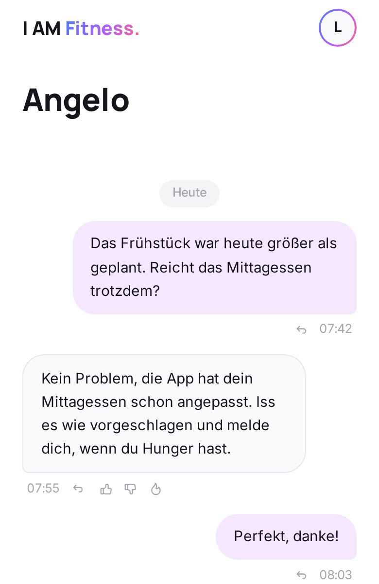 Chat mit dem Trainer in der App: Frage zum Frühstück und Antwort (Beispieldaten)