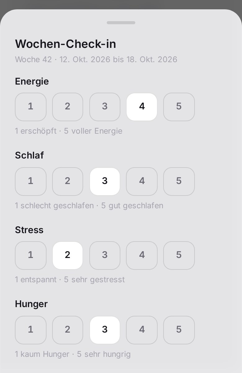 Wochen-Check-in in der App: Energie, Schlaf, Stress und Hunger (Beispieldaten)