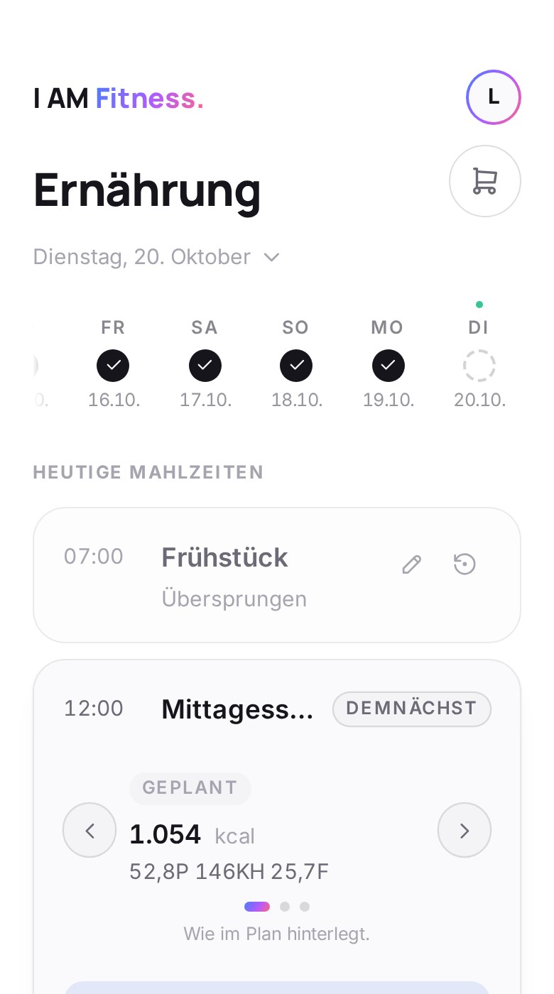 Ernährung in der App: die Tage der Woche und die Mahlzeiten von heute