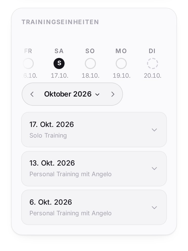 Trainingseinheiten in der App: Solo Training und Personal Training im selben Verlauf (Beispieldaten)