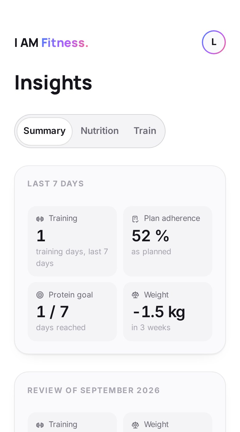 Evaluation in the app: training, plan adherence, protein goal and weight of the last seven days