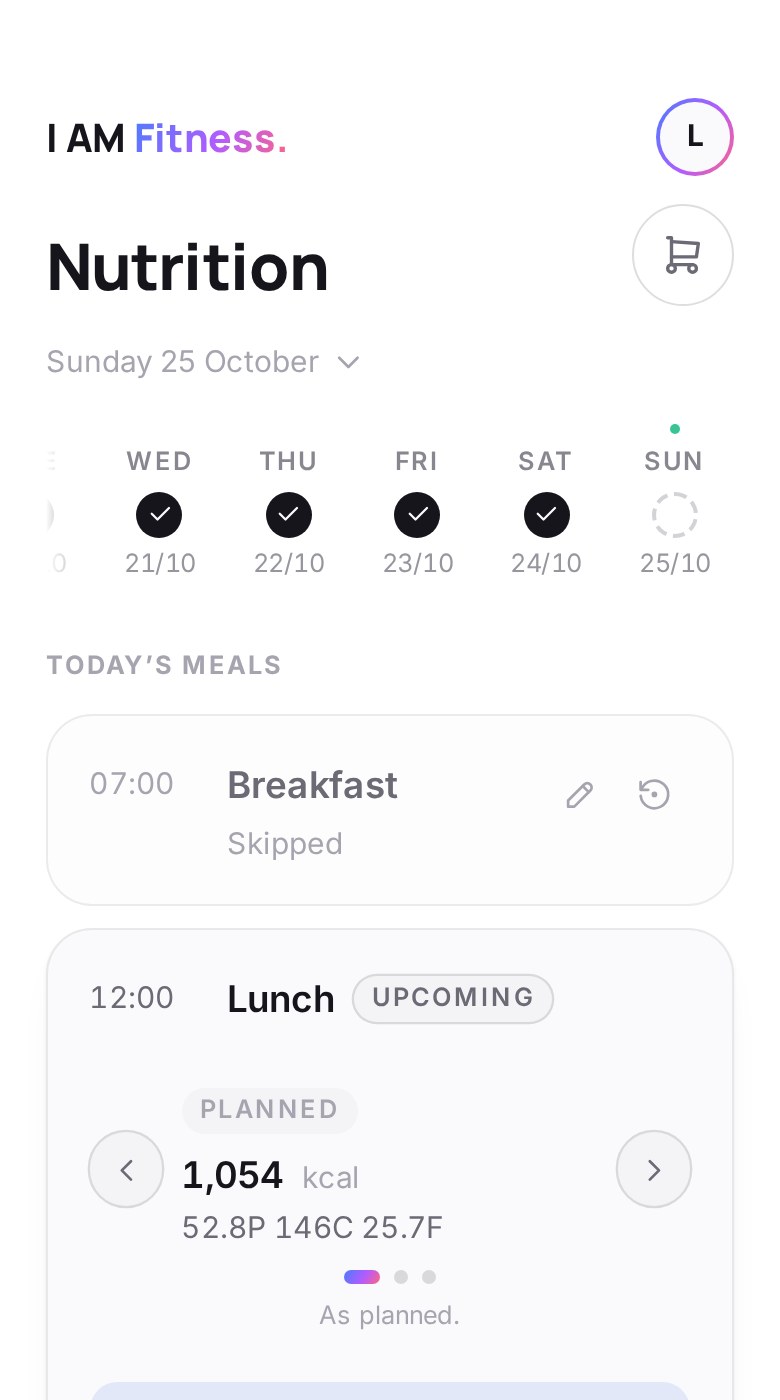 Nutrition in the app: the days of the week and today's meals