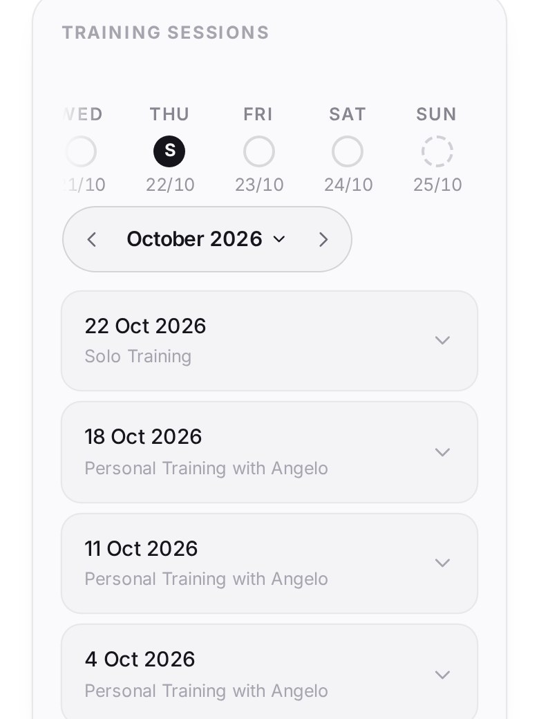 Training sessions in the app: solo training and personal training in the same history (sample data)